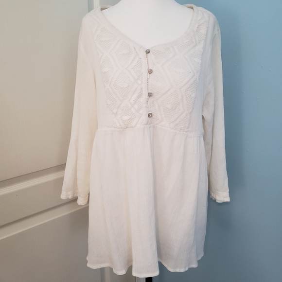White Boho Long Sleeve Peasant Top Medium - Picture 2 of 14
